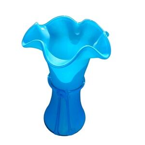 Blue Opaline White Glass Vase With Ruffled Edge And blue Glass Ribbon Fr…